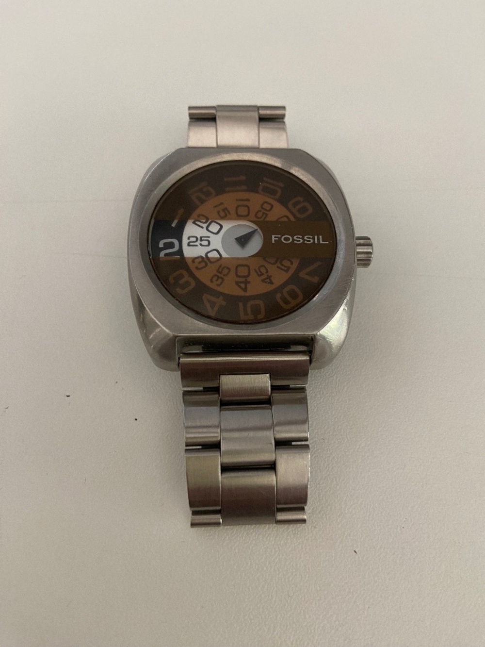 Fossil JR8789 Jump Hour Watch Stainless Steel Brown Dial Y2K